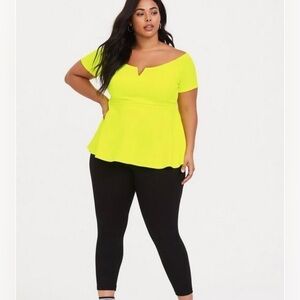 TORRID Scuba Off-Shoulder V Bar Peplum Top Neon Yellow Size 14/16 NWT